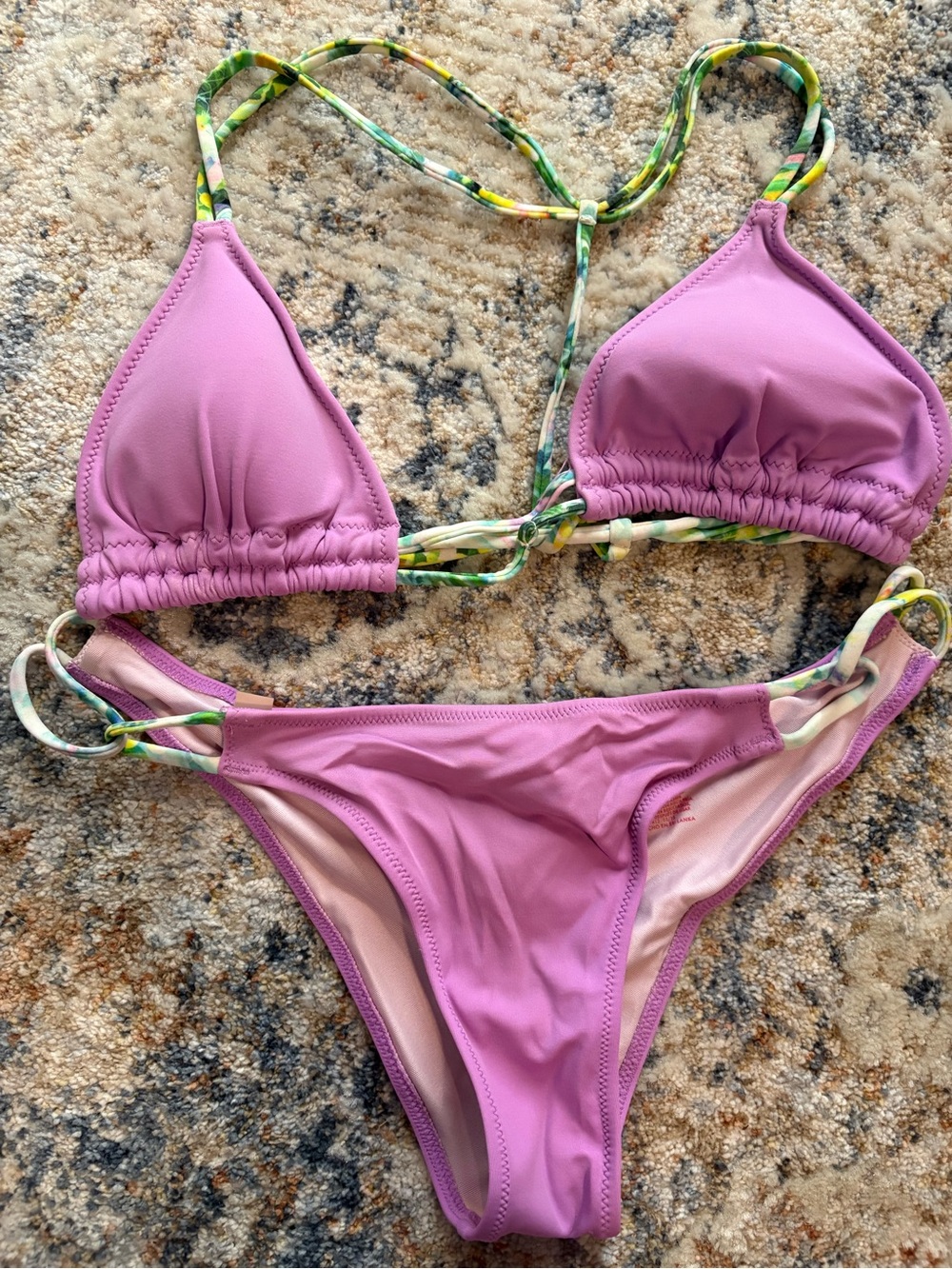 Lilac Triangle Bikini with Green Floral Straps
